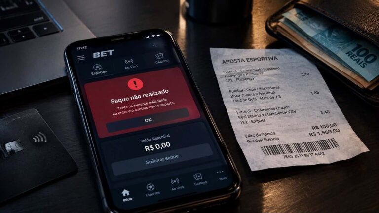 Celular com aviso de saque não realizado em aplicativo de apostas e saldo de R$ 0,00, ao lado de um bilhete de aposta esportiva e uma carteira com notas de 100 reais
