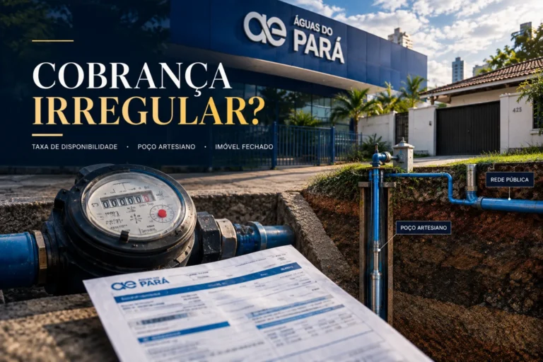 Hidrômetro e fatura de água em primeiro plano, ao lado de um corte do terreno mostrando um poço artesiano e a rede pública, com a fachada da Águas do Pará ao fundo
