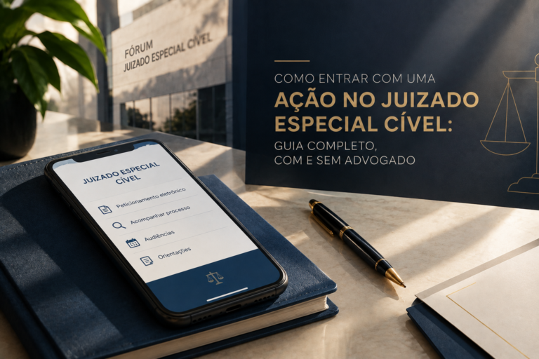 Celular com a tela do Juizado Especial Cível sobre uma agenda azul, ao lado de uma caneta e da fachada de um fórum